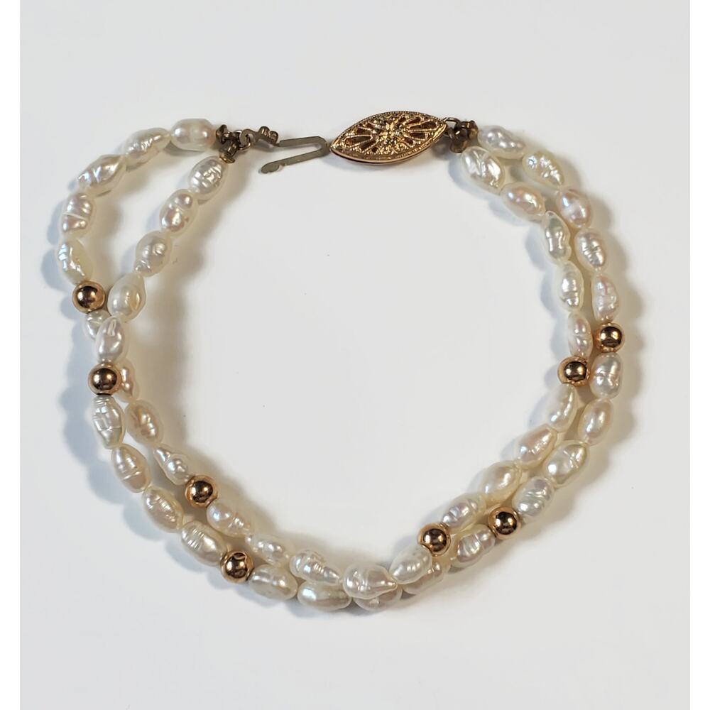 Double Strand Freshwater Pearl Rice  Bead 14k Yellow Gold Bead Clasp Bracelet